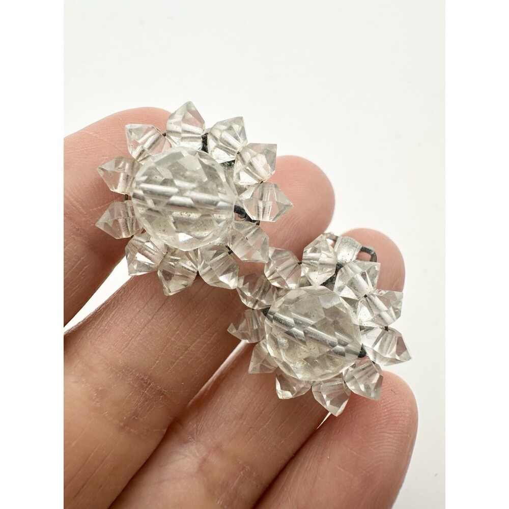 Vintage Clear borealis glass bead cluster Clip-On Earrings